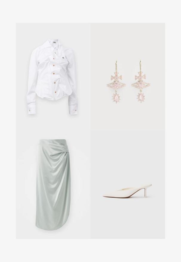 Balta ilgomis rankovėmis marškiniai su prigludusia išvaizda. Yra didelis apykaklė, priekinis užsegimas su rudais mygtukais ir mažas siuvinėtas logotipas.; Šviesiai žalios satino sijonas su drapiruotu dizainu, vidutinio ilgio, lygaus paviršiaus, su šoniniu mazgo detaliu, kuris suteikia papildomo vizualinio akcento.; Smailas balti mules su smailiu priekiniu pasagų ir žemu aukštu kulnu. Pagaminti iš lygios medžiagos, minimalistinio dizaino su subtiliu smėlio spalvos pado akcentu.; Rožinės spalvos brangakmenių auskarai su lankelio dizainu, turintys sluoksniuotą struktūrą ir blizgančias akcentus; metaliniai komponentai išlaiko poliruotą apdailą.