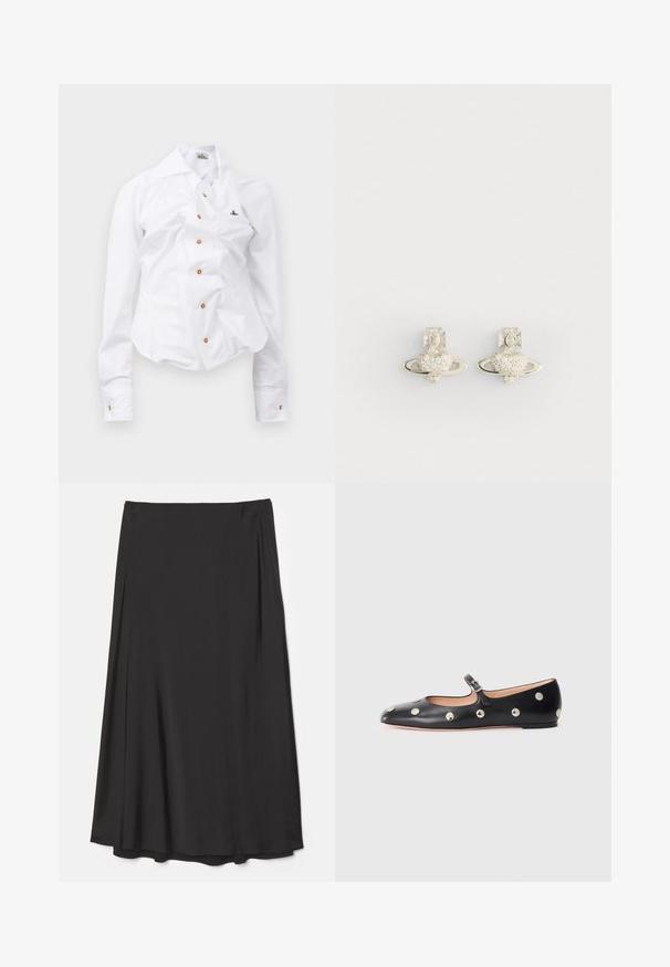 Chemise blanche à manches longues au design ajusté. Dispose d'un grand col, d'une fermeture à boutons sur le devant avec des boutons marron, et d'un petit logo brodé.; Jupe noire, longueur genou en tissu lisse ; présente un design fluide avec des drapés souples et sans fermetures visibles.; Chaussure plate en cuir noir type Mary Jane avec un bout arrondi, ornée de clous ronds en argent et dotée d'une sangle réglable avec une boucle.; Boucles d'oreilles en argent avec un design en forme de cœur entouré d'un anneau, orné de petites pierres claires et d'un accent croisé détaillé.
