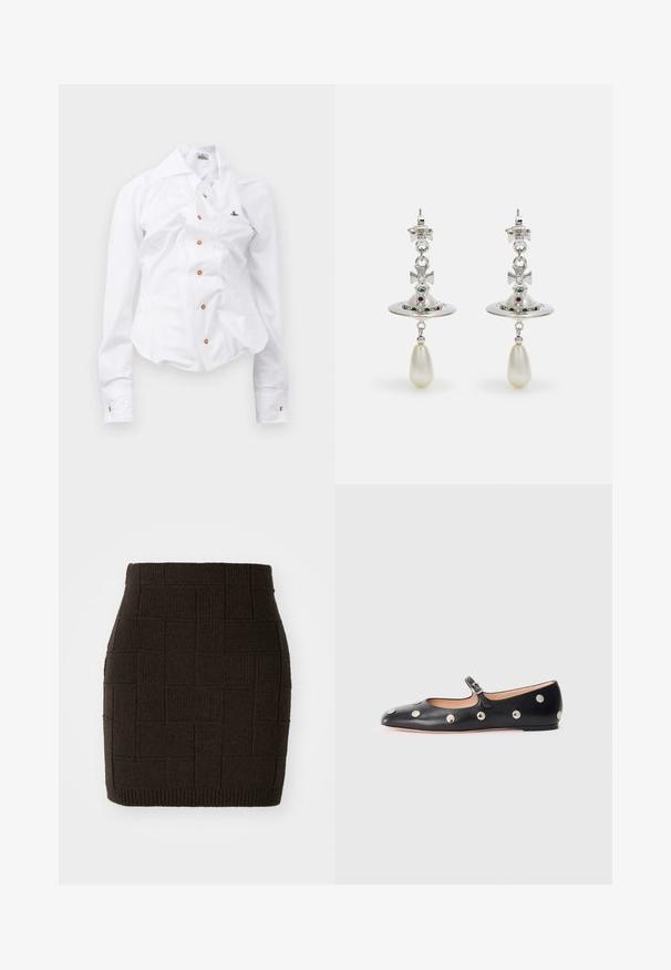 Biela dlhá košeľa s priliehavým strihom. Má veľký golier, predné zapínanie na hnedé gombíky a malé vyšívané logo.; Pletená mini sukňa tmavohnedej farby s textúrovaným, tkaným vzorom a prispôsobeným pásom. Lem je ribovaný pre pridanie detailu.; Čierne kožené baleríny typu Mary Jane s okrúhlou špičkou, so striebornými kruhovými cvokmi a nastaviteľným remienkom so sponou.; Strieborné náušnice s obručou v tvare kruhu, zdobené žiariacimi kameňmi a perlou v tvare kvapky. Výnimočný dizajn s prepracovanými detailami.