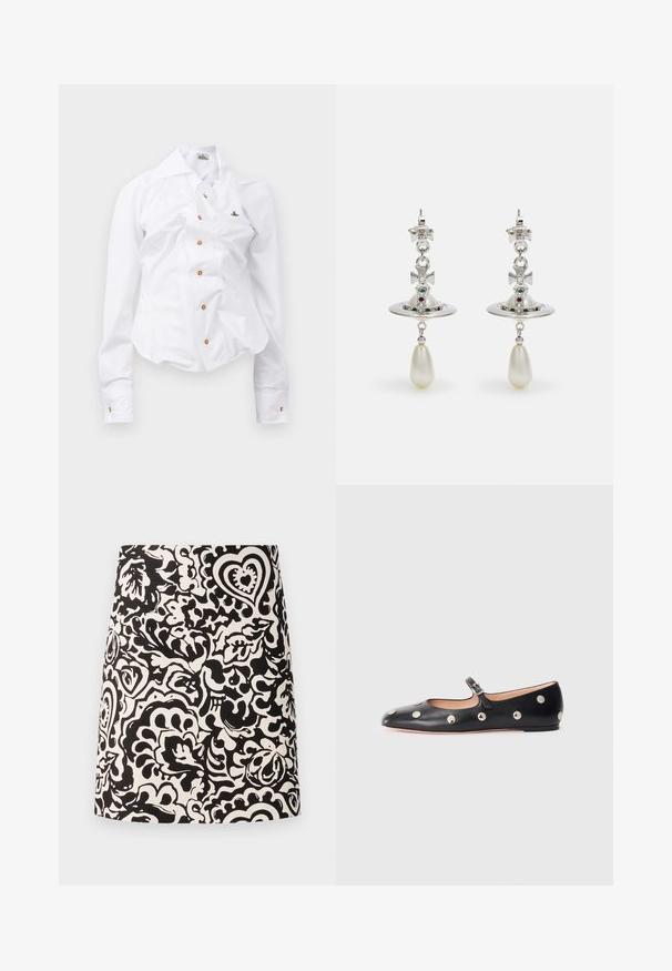 Camicia bianca a maniche lunghe con un design aderente. Presenta un grande colletto, chiusura frontale con bottoni marroni e un piccolo logo ricamato.; Gonna mini nera e bianca a fantasia floreale realizzata in tessuto dalla texture liscia e con orlo dritto. Presenta disegni vorticosi e cuori.; Scarpa flat nera in pelle tipo Mary Jane con punta arrotondata, caratterizzata da borchie circolari argentate e una fascia regolabile con fibbia.; Orecchini in argento con un cerchio circolare, adornati con pietre scintillanti e un pendente a goccia di perla. Design distintivo con accenti intricati.