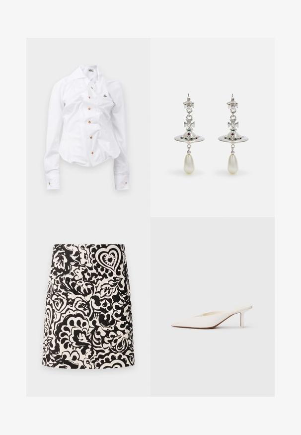 Camisa blanca de manga larga con un diseño ajustado. Presenta un gran cuello, cierre frontal con botones marrones y un pequeño logotipo bordado.; Falda mini de estampado floral en blanco y negro, hecha de una tela con una textura suave y un dobladillo recto. Presenta diseños en espiral y corazones.; Mule blanco de punta afilada con un tacón bajo de stilettos. Hecho de material suave con un diseño minimalista y un sutil detalle en la suela color tostado.; Pendientes de plata que presentan un aro circular, adornados con piedras brillantes y un colgante en forma de pera de perla. Diseño distintivo con detalles intrincados.