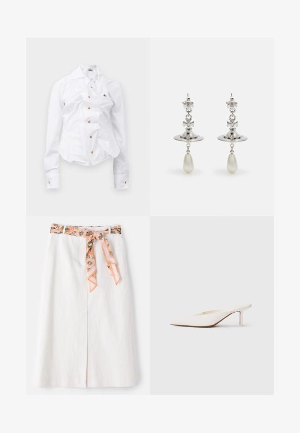 Camicia bianca a maniche lunghe con un design aderente. Presenta un grande colletto, chiusura frontale con bottoni marroni e un piccolo logo ricamato.; Gonna midi bianca con una cravatta in seta a pattern in vita. Presenta una linea dritta e una sottile texture. Nessuna chiusura visibile.; Mule bianco a punta con tacco stiletto basso. Realizzato in materiale liscio con un design minimalista e dettagli delicati sulla suola colorato beige.; Orecchini in argento con un cerchio circolare, adornati con pietre scintillanti e un pendente a goccia di perla. Design distintivo con accenti intricati.