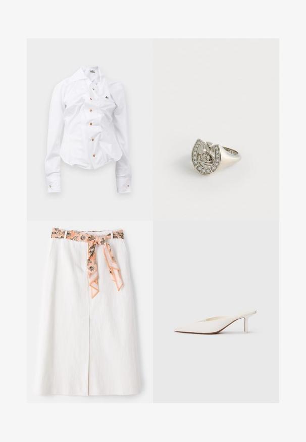 Balts garām piedurknēm krekls ar pieguļošu dizainu. Iekļauj lielu apkakli, priekšējo pogu aizdari ar brūnām pogām un mazu izbrodētu logotipu.; Balta midi svārki ar rakstainu zīda jostu jostas vietā. Izaicinošs taisns griezums un smalka tekstūra. Nav redzamu aizdares elementu.; Punktveidīgi baltie mūļi ar zemu stiletto papēdi. Izgatavoti no gludas materiāla ar minimālistisku dizainu un smalku brūnganu zoles akcentu.; Sudraba gredzens, kas veidots kā zirgskābe, rotāts ar maziem caurspīdīgiem dārgakmeņiem gar ārējo malu un centrālo dizainu, kurā ir krusts.