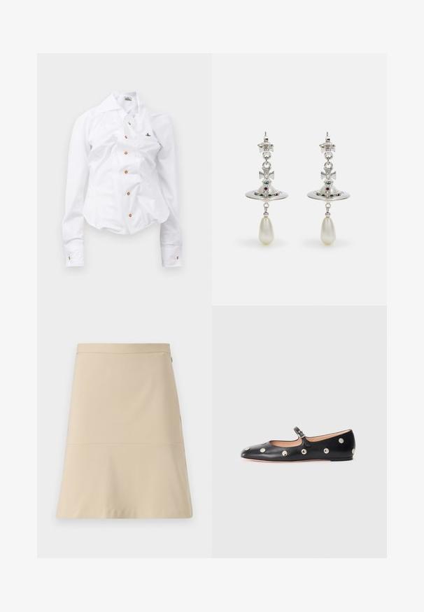 Fehér, hosszú ujjú ing, karcsú szabással. Nagy gallérral, elöl barna gombos záródással, és egy kis hímzett logóval rendelkezik.; Beige szoknya A-vonalú fazonnal, sima textúrával és vízszintes varrással a derékrésznél. Oldalra nyíló cipzárral rendelkezik.; Fekete bőr Mary Jane lapossarkú cipő, lekerekített orral, ezüst színű kör alakú szegecsekkel és állítható pánttal, csattal.; Ezüst fülbevalók, kör alakú karikával, ragyogó kövekkel díszítve, és egy csepp formájú gyöngy medállal. Különleges design finom részletekkel.