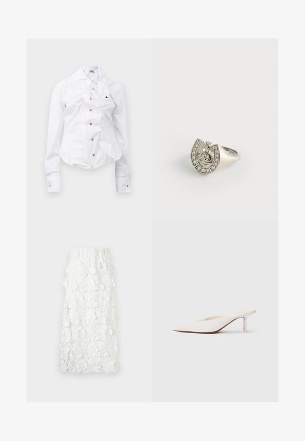 Weißes Langarmhemd mit figurnahem Design. Verfügt über einen großen Kragen, eine Frontknopfleiste mit braunen Knöpfen und ein kleines, besticktes Logo.; Weißer, knöchellanger Rock aus filigraner Blumenspitze mit gewelltem Saum. Elastischer Bund für eine lockere Passform. Strukturiertes, zartes Muster.; Weißer Mule mit spitzem Zehenbereich und niedrigem Stiletto-Absatz. Hergestellt aus glattem Material mit minimalistischen Design und dezenten, tanfarbenen Sohlenakzenten.; Silberner Ring in Form eines Hufeisens, geschmückt mit kleinen klaren Edelsteinen entlang des äußeren Randes und einem zentralen Design mit einem Kreuz.