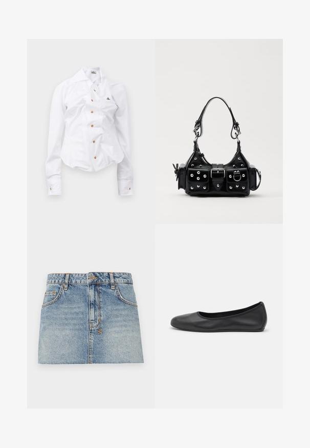 Fehér, hosszú ujjú ing, karcsú szabással. Nagy gallérral, elöl barna gombos záródással, és egy kis hímzett logóval rendelkezik.; Világoskék farmer mini szoknya, szűk derékkal, elől gombos záródással és két oldalsó zsebbel. Nyers szegélyekkel és kontrasztos varrási részletekkel rendelkezik.; Fekete bőr balettcipő lekerekített orral, sima tekstúrával, minimális varrással és rugalmas talp kialakítással.; Fekete bőr kézitáska ívelt designnal, ezüst szegecsekkel, csattal és két oldalsó zsebbel. Állítható vállpánt a hordozási lehetőségekhez.