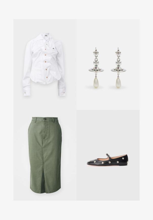 Fehér, hosszú ujjú ing, karcsú szabással. Nagy gallérral, elöl barna gombos záródással, és egy kis hímzett logóval rendelkezik.; Olíva zöld denim szoknya, középmagasságú vágással, elülső hasítékkal, hagyományos derékkal és gombos záródással, valamint varrott részletekkel az öltéseken.; Fekete bőr Mary Jane lapossarkú cipő, lekerekített orral, ezüst színű kör alakú szegecsekkel és állítható pánttal, csattal.; Ezüst fülbevalók, kör alakú karikával, ragyogó kövekkel díszítve, és egy csepp formájú gyöngy medállal. Különleges design finom részletekkel.