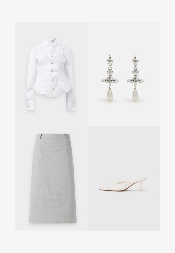 White long-sleeve shirt with a fitted design. Features a large collar, front button closure with brown buttons, and a small embroidered logo.; Gray pencil skirt with a smooth texture, fitted shape, and a flat waistband, featuring side seams and no visible patterns or accents.; Pointed-toe white mule with a low stiletto heel. Made of smooth material with a minimalist design and subtle tan sole detail.; Silver earrings featuring a circular hoop, adorned with sparkling stones and a teardrop pearl pendant. Distinctive design with intricate accents.