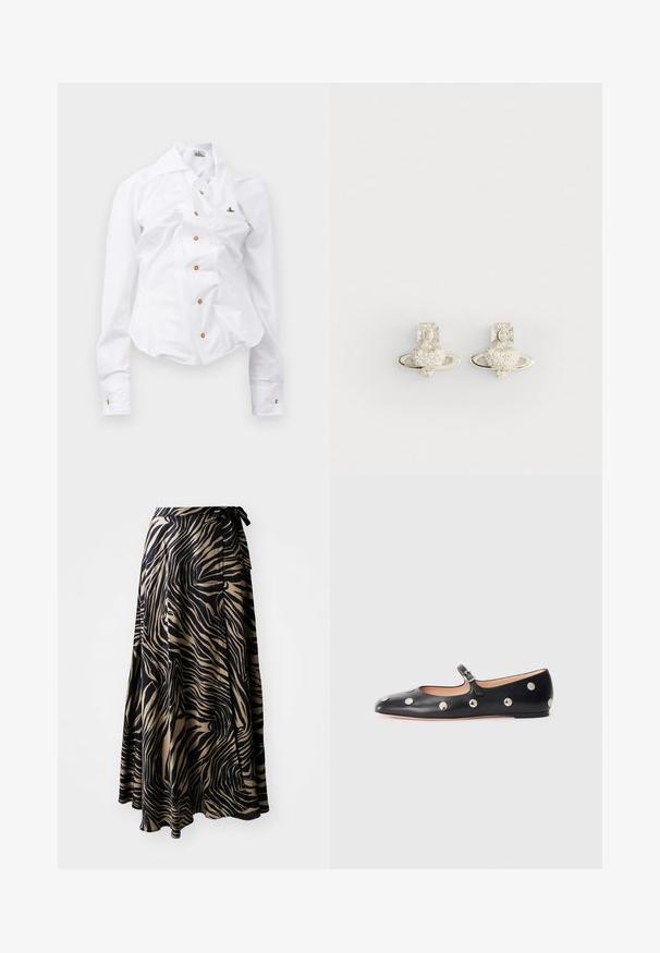 Hvid langærmet skjorte med en tætsiddende design. Har en stor krave, frontlukning med brune knapper og et lille broderet logo.; Wrap skirt i sort og beige zebra print. Fremstillet af letvægtsstof med et flowy design, der har en bindesnor i taljen og en asymmetrisk kant.; Sorte læder Mary Jane flad sko med en rund tå, udstyret med sølvfarvede runde nitter og en justerbar rem med spænde.; Sølvøreringe med et hjerteformet design omfavnet af en ring, prydet med små klare sten og en detaljeret korsaccent.