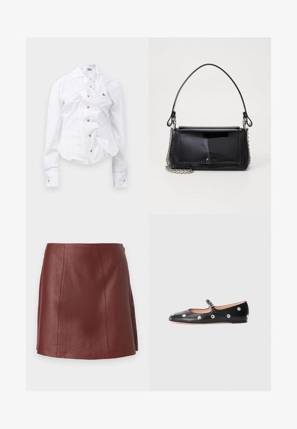 White long-sleeve shirt with a fitted design. Features a large collar, front button closure with brown buttons, and a small embroidered logo.; Maroon leather mini skirt with a clean design, featuring visible seam detailing and a straight cut, smooth texture, and no visible closures.; Black leather Mary Jane flat shoe with a rounded toe, featuring silver circular studs and an adjustable strap with a buckle.; Black patent leather handbag with a rectangular shape, chain strap, and a distinctive hardware accent in the center. Smooth texture.