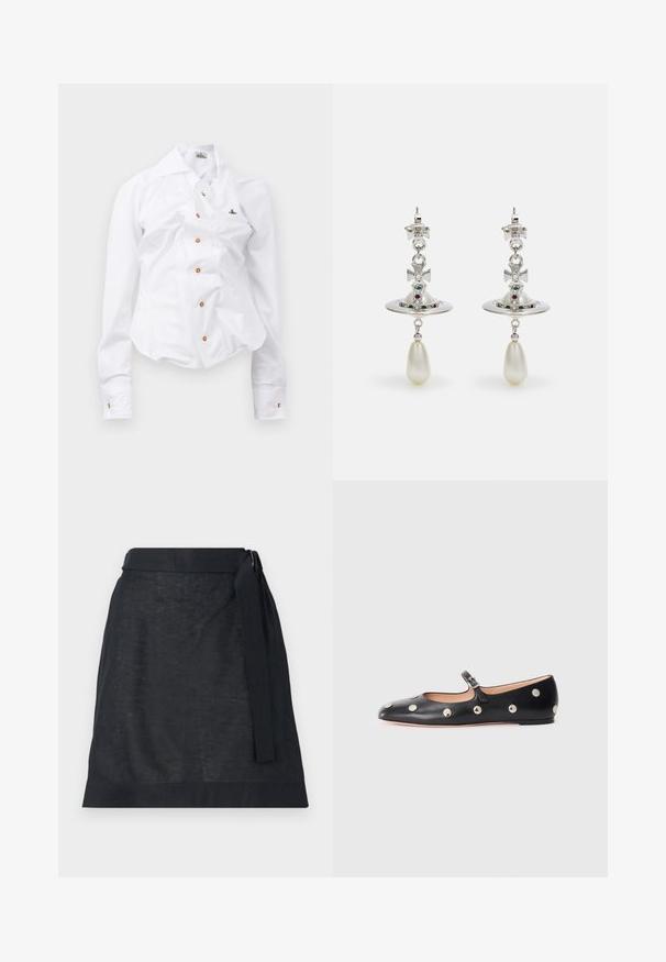Fehér, hosszú ujjú ing, karcsú szabással. Nagy gallérral, elöl barna gombos záródással, és egy kis hímzett logóval rendelkezik.; Sötét lenből készült, egyenes szabású sál szoknya, derékpánttal és finom textúrával. Nincsenek látható minták vagy fém részek.; Fekete bőr Mary Jane lapossarkú cipő, lekerekített orral, ezüst színű kör alakú szegecsekkel és állítható pánttal, csattal.; Ezüst fülbevalók, kör alakú karikával, ragyogó kövekkel díszítve, és egy csepp formájú gyöngy medállal. Különleges design finom részletekkel.