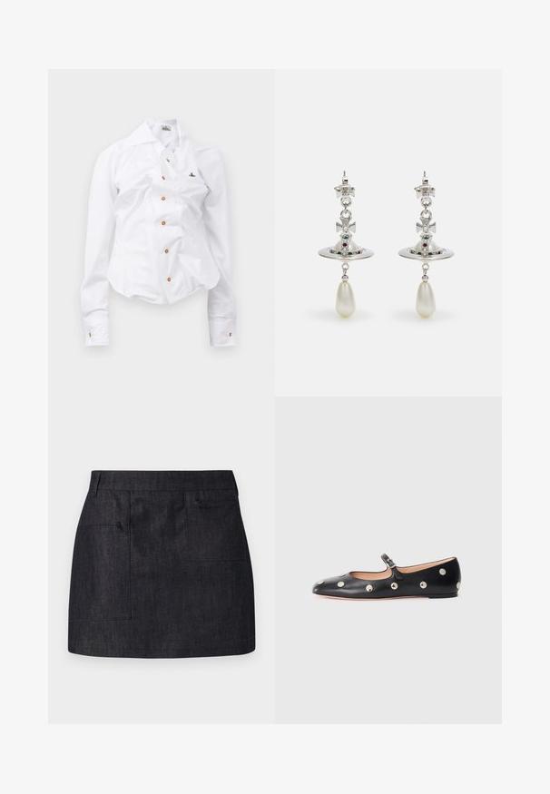White long-sleeve shirt with a fitted design. Features a large collar, front button closure with brown buttons, and a small embroidered logo.; Dark denim skirt with a straight cut, featuring two front pockets and subtle texture. Clean hemline and standard waistband design.; Black leather Mary Jane flat shoe with a rounded toe, featuring silver circular studs and an adjustable strap with a buckle.; Silver earrings featuring a circular hoop, adorned with sparkling stones and a teardrop pearl pendant. Distinctive design with intricate accents.