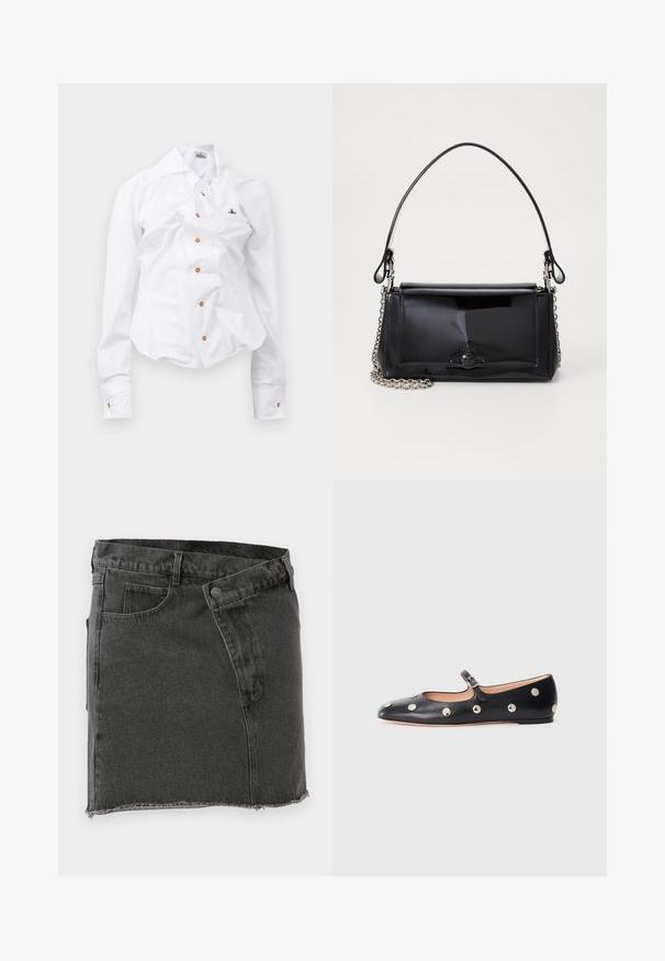 White long-sleeve shirt with a fitted design. Features a large collar, front button closure with brown buttons, and a small embroidered logo.; Black denim mini skirt with front pockets, belt loops, button closure, and raw hem detailing.; Black leather Mary Jane flat shoe with a rounded toe, featuring silver circular studs and an adjustable strap with a buckle.; Black patent leather handbag with a rectangular shape, chain strap, and a distinctive hardware accent in the center. Smooth texture.