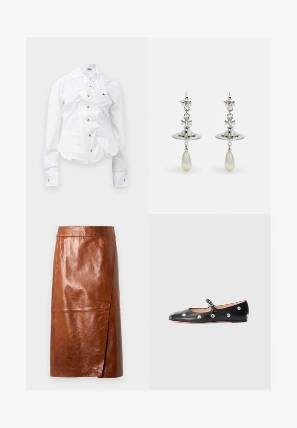 Chemise blanche à manches longues au design ajusté. Dispose d'un grand col, d'une fermeture à boutons sur le devant avec des boutons marron, et d'un petit logo brodé.; Jupe en cuir marron, longueur genoux, avec une légère fente à l'avant et une taille ajustée, présentée sur un fond clair.; Chaussure plate en cuir noir type Mary Jane avec un bout arrondi, ornée de clous ronds en argent et dotée d'une sangle réglable avec une boucle.; Boucles d'oreilles en argent avec un anneau circulaire, ornées de pierres étincelantes et d'un pendentif en forme de goutte de perle. Design distinctif avec des accents complexes.