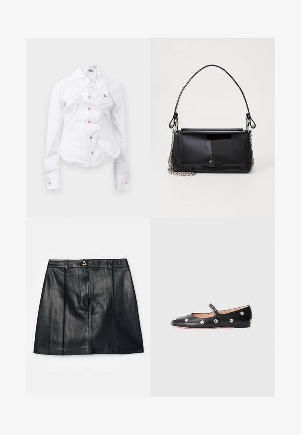 Biela dlhá košeľa s priliehavým strihom. Má veľký golier, predné zapínanie na hnedé gombíky a malé vyšívané logo.; AERON RUDENS SKIRT - sukňa v tvare A - black; Čierne kožené baleríny typu Mary Jane s okrúhlou špičkou, so striebornými kruhovými cvokmi a nastaviteľným remienkom so sponou.; Čierna laková kožená kabelka s obdĺžnikovým tvarom, reťazovým popruhom a výrazným hardvérovým prvkom v strede. Hladká textúra.