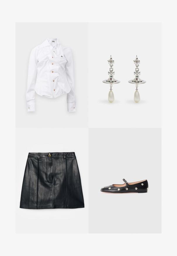 Cămașă albă cu mânecă lungă, cu un design ajustat. Are un guler mare, închidere frontală cu nasturi maro și un mic logo brodat.; AERON RUDENS SKIRT - Fustă în formă de A - black; Pantofii Mary Jane din piele neagră, cu vârful rotund, decorati cu nasturi circulari argintii și o curea ajustabilă cu cataramă.; Cercei din argint cu un cerc circular, împodobiți cu pietre strălucitoare și un pandantiv din perlă în formă de lacrimă. Design distinctiv cu accente complicate.