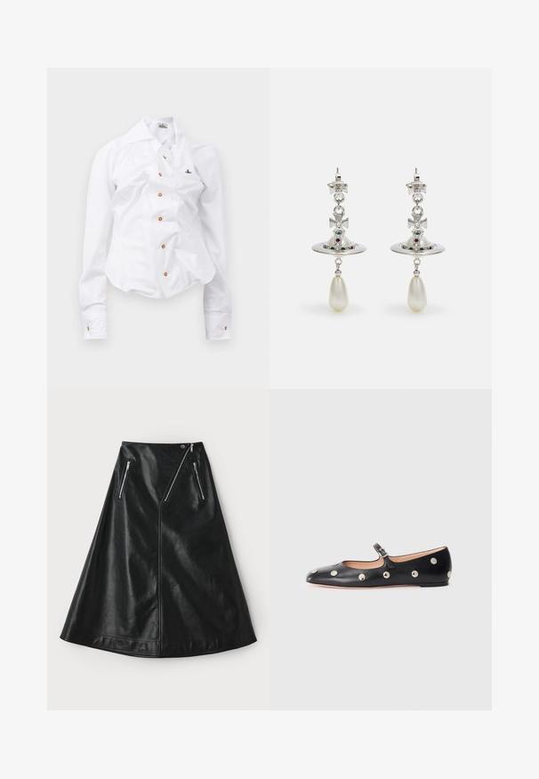 White long-sleeve shirt with a fitted design. Features a large collar, front button closure with brown buttons, and a small embroidered logo.; Black leather A-line skirt with a slightly shiny texture, featuring two asymmetrical zip pockets and a snap closure at the waistband.; Black leather Mary Jane flat shoe with a rounded toe, featuring silver circular studs and an adjustable strap with a buckle.; Silver earrings featuring a circular hoop, adorned with sparkling stones and a teardrop pearl pendant. Distinctive design with intricate accents.