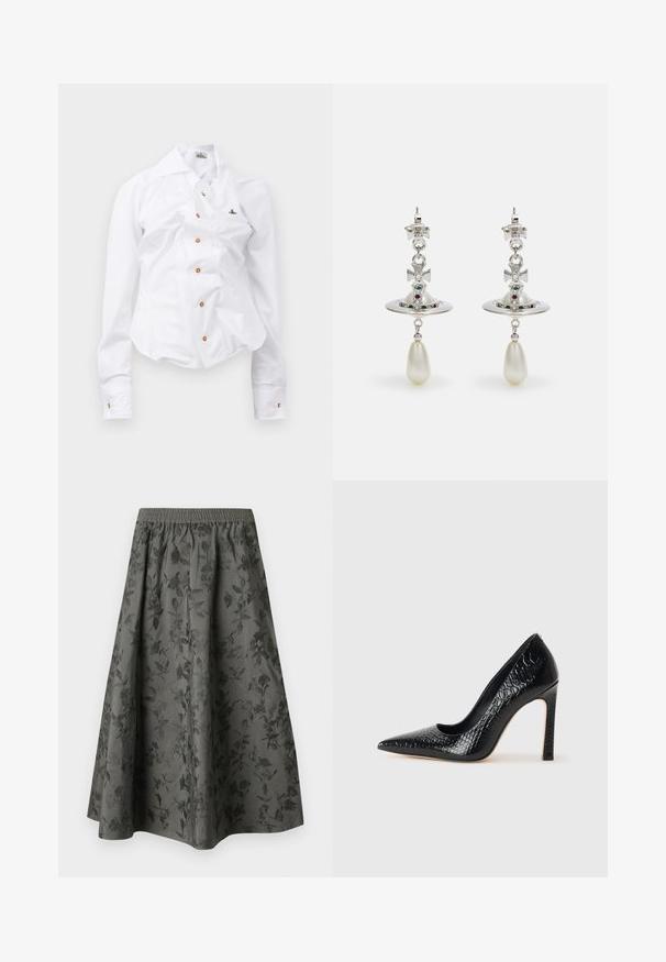 Weißes Langarmhemd mit figurnahem Design. Verfügt über einen großen Kragen, eine Frontknopfleiste mit braunen Knöpfen und ein kleines, besticktes Logo.; Dunkelgrauer Midirock mit einem elastischen Taillenbund, der ein geprägtes floral Muster aufweist, um Textur und visuelles Interesse zu verleihen.; Schwarzer, spitz zulaufender High Heel mit Krokodilleder-Struktur, elegantem Design, hohem Stiletto-Absatz und glattem schwarzen Innenraum.; Silberohrringe mit einem runden Ring, verziert mit glitzernden Steinen und einem tropfenförmigen Perlenanhänger. Auffälliges Design mit filigranen Akzenten.