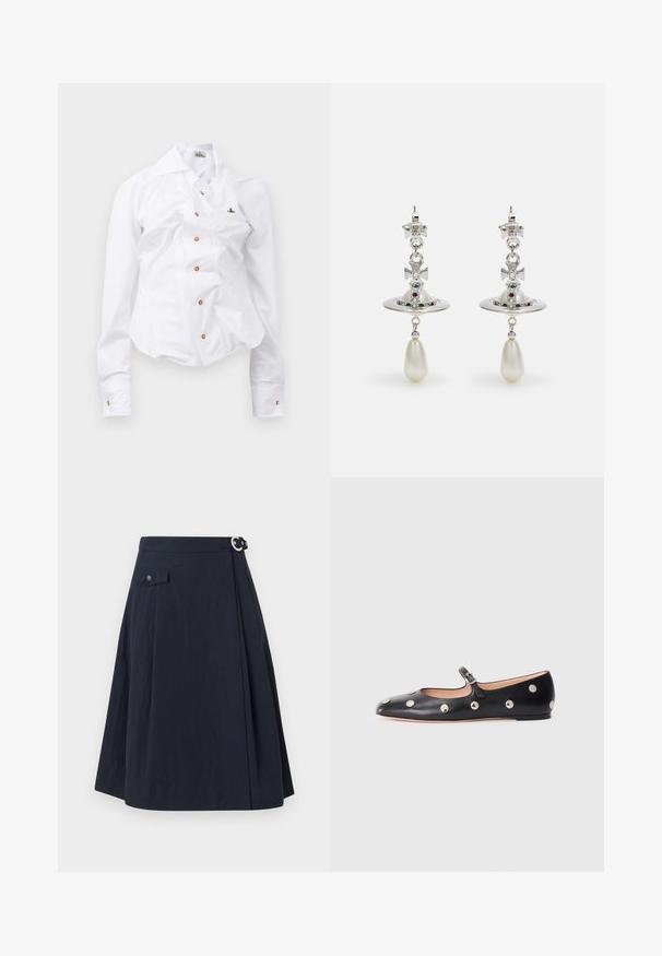 White long-sleeve shirt with a fitted design. Features a large collar, front button closure with brown buttons, and a small embroidered logo.; Navy blue A-line skirt with a side button closure, featuring a front pocket and a smooth, lightweight fabric with a slight sheen.; Black leather Mary Jane flat shoe with a rounded toe, featuring silver circular studs and an adjustable strap with a buckle.; Silver earrings featuring a circular hoop, adorned with sparkling stones and a teardrop pearl pendant. Distinctive design with intricate accents.