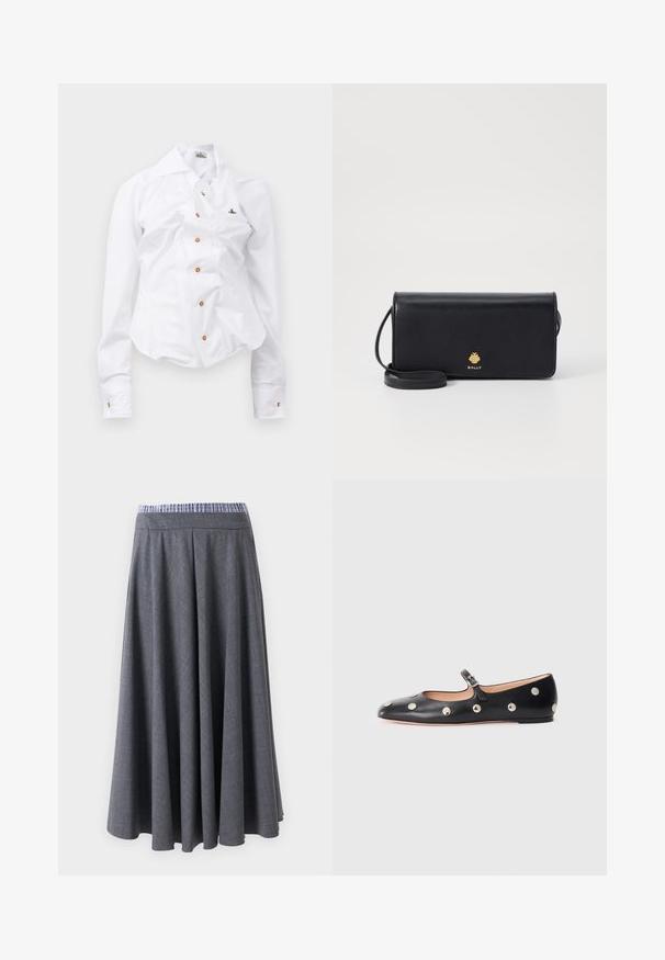 White long-sleeve shirt with a fitted design. Features a large collar, front button closure with brown buttons, and a small embroidered logo.; High-waisted, dark gray, wide-leg pants with subtle plaid pattern and a blue-and-white striped waistband, displayed hanging against white background.; Black leather Mary Jane flat shoe with a rounded toe, featuring silver circular studs and an adjustable strap with a buckle.; Black leather wallet with a slim rectangular shape, featuring a gold logo. Includes a detachable strap for carrying convenience.
