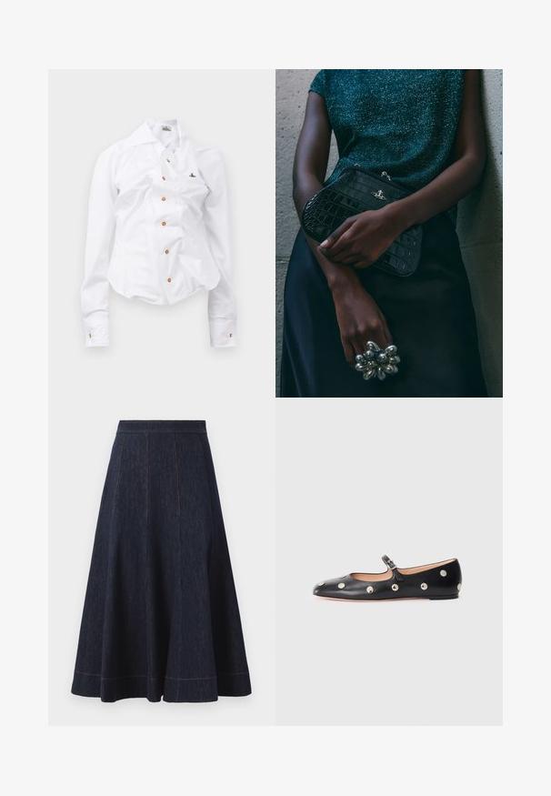 Balts garām piedurknēm krekls ar pieguļošu dizainu. Iekļauj lielu apkakli, priekšējo pogu aizdari ar brūnām pogām un mazu izbrodētu logotipu.; Tumši zils džinsa svārku ar platu siluetu, ar vertikālām šuvju detaļām un kontrastējošu oranžu diegu apmalē.; Melna ādas Mary Jane līdzena zābaku ar noapaļotu purngalu, kurā ir sudraba apaļie kniedes un regulējama siksniņa ar sprādzi.; Melna krokodilā ādas raksta rokassoma ar sudraba detaļām, turēta pretī tekstūrētai pelēkai fona. Iespējo spīdīgu virsmu.