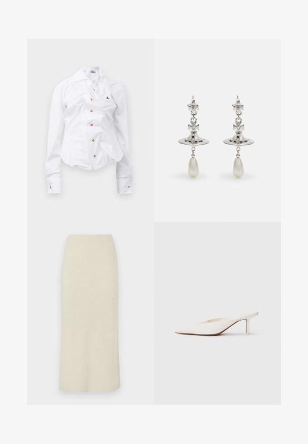 White long-sleeve shirt with a fitted design. Features a large collar, front button closure with brown buttons, and a small embroidered logo.; Cream-colored, knee-length pencil skirt with a soft, textured fabric and a high waistline.; Pointed-toe white mule with a low stiletto heel. Made of smooth material with a minimalist design and subtle tan sole detail.; Silver earrings featuring a circular hoop, adorned with sparkling stones and a teardrop pearl pendant. Distinctive design with intricate accents.