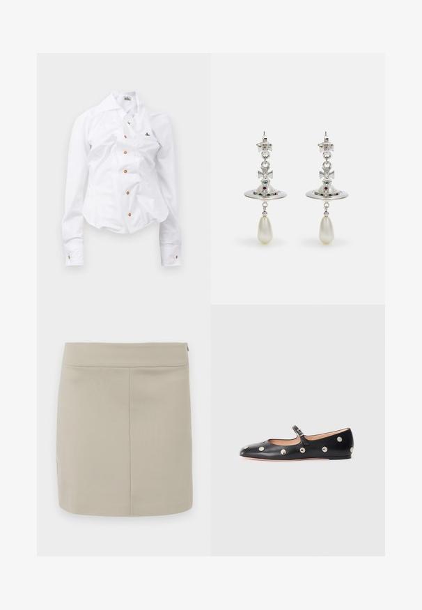 Cămașă albă cu mânecă lungă, cu un design ajustat. Are un guler mare, închidere frontală cu nasturi maro și un mic logo brodat.; Fustă mini bej, realizată dintr-un material neted, având un croi drept, un design simplu și un fermoar ascuns pe lateral.; Pantofii Mary Jane din piele neagră, cu vârful rotund, decorati cu nasturi circulari argintii și o curea ajustabilă cu cataramă.; Cercei din argint cu un cerc circular, împodobiți cu pietre strălucitoare și un pandantiv din perlă în formă de lacrimă. Design distinctiv cu accente complicate.