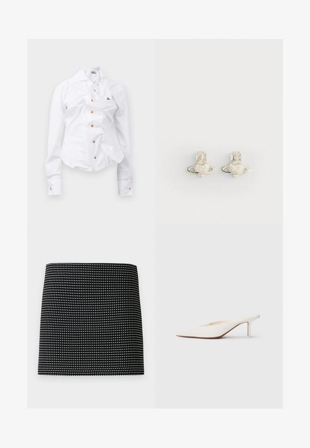 Bijela košulja dugih rukava s uskim dizajnom. Sadrži veliki ovratnik, prednje zatvaranje na gumbe smeđe boje i mali vezeni logotip.; Crna suknja od tkanine s geometrijskim uzorkom malih bijelih točkica, ravnog kroja i glatke teksture. Simple i minimalistički dizajn.; Bijele mule sa šiljastim vrhom i niskom stiletto petom. Napravljene su od glatkog materijala s minimalističkim dizajnom i suptilnim bež detaljem na potplatu.; Srebrne naušnice s dizajnom u obliku srca oko kojeg se nalazi prsten, ukrašene malim prozirnim kamenčićima i detaljnim križnim akcentom.