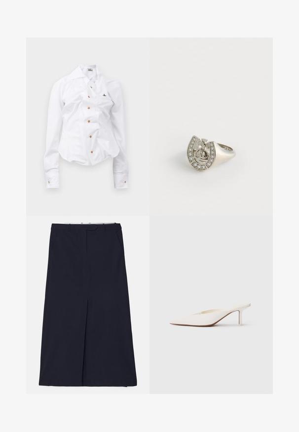 Chemise blanche à manches longues au design ajusté. Dispose d'un grand col, d'une fermeture à boutons sur le devant avec des boutons marron, et d'un petit logo brodé.; DESIGNERS REMIX SCOTT LONG SKIRT - Jupe longue - navy; Mule blanc à bout pointu avec un talon stiletto bas. Fabriqué en matériau lisse avec un design minimaliste et un subtil détail de semelle beige.; Bague en argent en forme de fer à cheval, ornée de petits gemmes clairs le long du bord extérieur et d'un motif central représentant une croix.