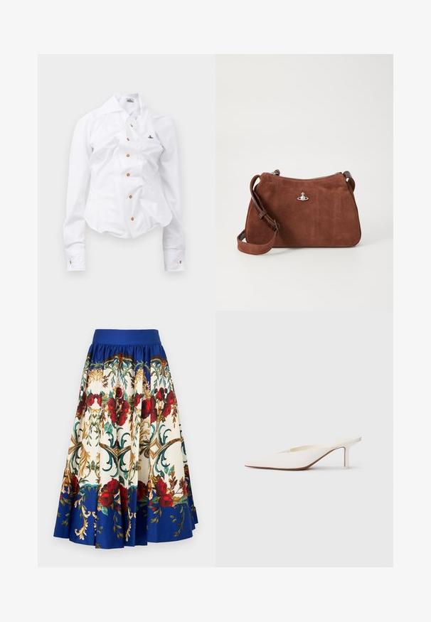 Chemise blanche à manches longues au design ajusté. Dispose d'un grand col, d'une fermeture à boutons sur le devant avec des boutons marron, et d'un petit logo brodé.; Jupe plissée bleu et blanche avec une rose rouge et un motif floral orné doré et vert partout.; Mule blanc à bout pointu avec un talon stiletto bas. Fabriqué en matériau lisse avec un design minimaliste et un subtil détail de semelle beige.; Sac à main en daim marron avec fermeture éclair, bandoulière réglable et accents en métal argenté, affichant une surface texturée subtile.