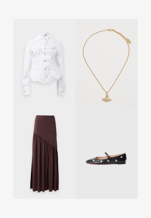 White long-sleeve shirt with a fitted design. Features a large collar, front button closure with brown buttons, and a small embroidered logo.; Brown maxi skirt made from soft fabric. Features a fitted waistband and an asymmetrical design with gathered detailing on one side.; Black leather Mary Jane flat shoe with a rounded toe, featuring silver circular studs and an adjustable strap with a buckle.; Gold-toned necklace with a chain design and a decorative pendant featuring a bow and circular embellishments made with clear stones.