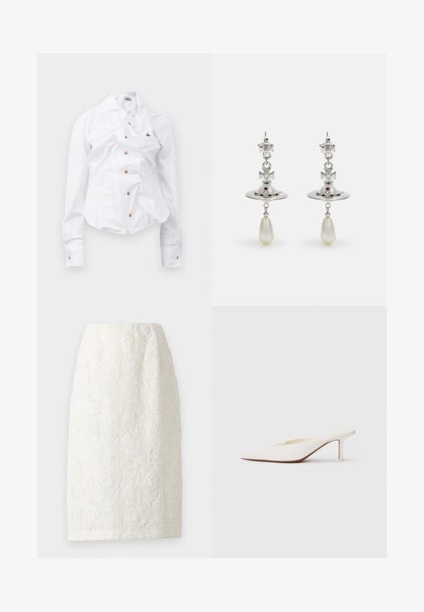 Biela dlhá košeľa s priliehavým strihom. Má veľký golier, predné zapínanie na hnedé gombíky a malé vyšívané logo.; Sukňa po kolená biela s textúrovaným kvetinovým vzorom, obsahujúca vyvýšené dizajny ruží a jemný lesk. Jednoduchý, rovný strih.; Biele muly s ostrou špičkou a nízkym stiletto podpätkom. Vyrobené z hladkého materiálu s minimalistickým dizajnom a jemným detailom na tanovej podrážke.; Strieborné náušnice s obručou v tvare kruhu, zdobené žiariacimi kameňmi a perlou v tvare kvapky. Výnimočný dizajn s prepracovanými detailami.