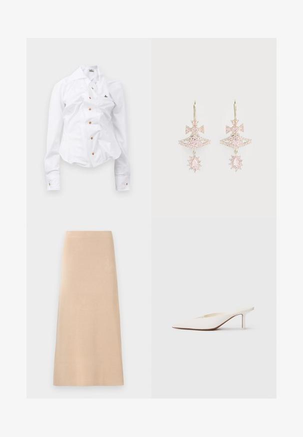 Vit långärmad skjorta med en figurnära design. Har en stor krage, framknäppning med bruna knappar och en liten broderad logotyp.; En lång, beige, stickad kjol med en rak silhuett, som har en slät textur och inga synliga mönster eller dekorationer.; Spetsig tå vit mule med en låg stilettklack. Tillverkad av mjukt material med en minimalistisk design och subtila bruna souldetaljer.; Rosa ädelstensörhängen med en båge-design, som har en lagerstruktur och glittrande detaljer; metallkomponenterna har en polerad yta.