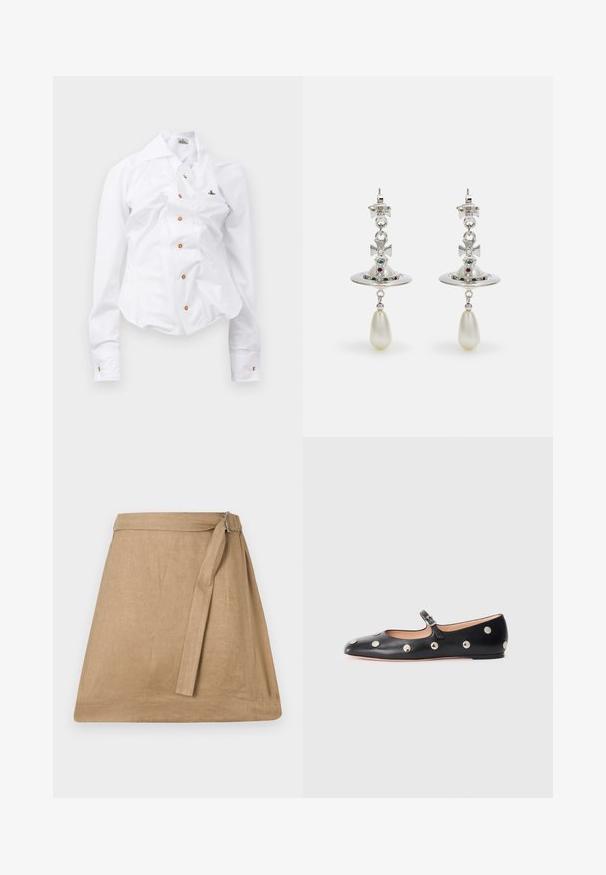 Valge pika varrukaga särk, millel on vormitud disain. Iseloomustab suur krae, ees nupuga sule avamine pruunide nuppudega ja väike broderi logo.; Bežist linane mähkme seelik, millel on kerge A-line kuju, külgsete sidumis- ja kinnituse detailidega, sile tekstuur ja puhas äärelõige.; Must naar mustast valmistatud Mary Jane lamedad jalanõud, ümarate varvastega, hõbedaste ümmarguste nupukestega ja reguleeritava rihmaga, millel on klamber.; Hõbedased kõrvarõngad, millel on ümmargune rõngas, kaunistatud sädelevate kividega ja tilgakujuline pärlpendant. Erakordne disain keerukate aktsentidega.