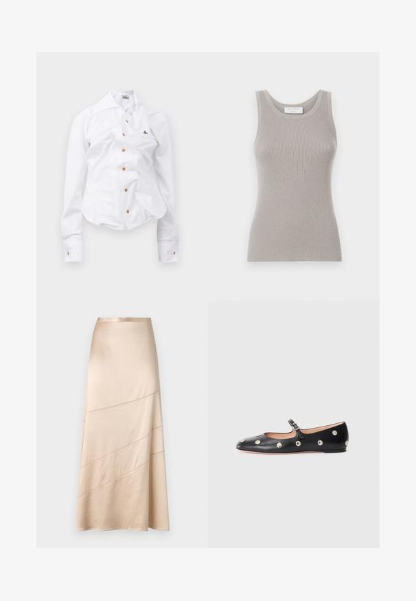 Balta ilgomis rankovėmis marškiniai su prigludusia išvaizda. Yra didelis apykaklė, priekinis užsegimas su rudais mygtukais ir mažas siuvinėtas logotipas.; Pilkas gyvatėmis raštuotas marškinėlis su apvalia iškirpte ir plačiomis petnešėlėmis. Savybė - minkšta tekstūra ir prie kūno priglundantis dizainas. Matomas prekės ženklas.; Šviesiai smėlinė satino midi sijonas, pasižymintis plazdančia siluetu, įstrižais siuvinėjimo detalėmis ir lygiu paviršiumi su švelniu blizgesiu.; Juodų odinių Mary Jane plokščių batų su apvaliu pirštu, papuoštų sidabriniais apvaliais nagais ir reguliuojamu dirželiu su sagtimi.