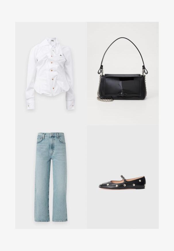 Bijela košulja dugih rukava s uskim dizajnom. Sadrži veliki ovratnik, prednje zatvaranje na gumbe smeđe boje i mali vezeni logotip.; Svijetloplave traperice ravnog kroja, izrađene od denima, s visokim strukom, prednjim kopčanjem na dugme i suptilnim izbljeđivanjem na tkanini.; Crne kožne Mary Jane balerinke s zaobljenim vrhom, koje sadrže srebrne kružne zakovice i podesivu traku s kopčom.; Crna patentna kožna torba pravokutnog oblika, s lancem za nošenje i karakterističnim metalnim detaljem u središtu. Glatka tekstura.