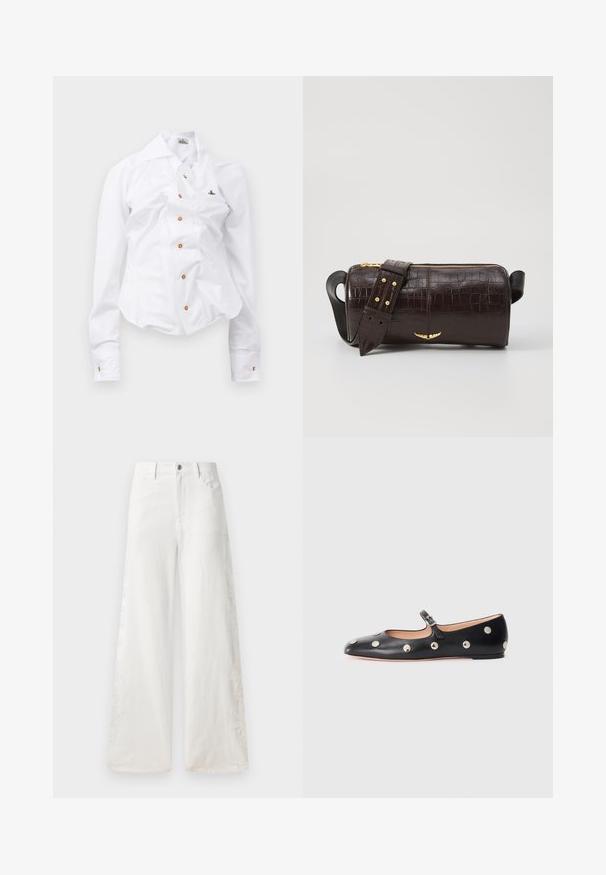Biela dlhá košeľa s priliehavým strihom. Má veľký golier, predné zapínanie na hnedé gombíky a malé vyšívané logo.; Biele široké džínsy vyrobené z denimu, s bočnými výšivkami a tradičným dizajnom s piatimi vreckami. Zips so zapínaním na gombík.; Čierne kožené baleríny typu Mary Jane s okrúhlou špičkou, so striebornými kruhovými cvokmi a nastaviteľným remienkom so sponou.; Hnedá taška z kože s embosovaným vzorom krokodíla, cylindrického tvaru, so zlatými hardvérovými doplnkami a odnímateľným popruhom so štítkami.