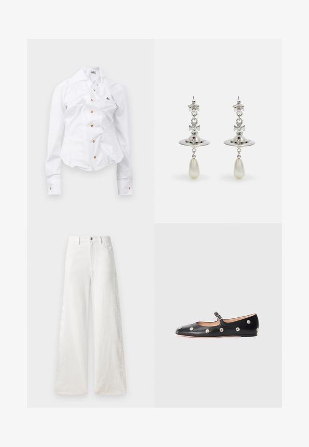Bijela košulja dugih rukava s uskim dizajnom. Sadrži veliki ovratnik, prednje zatvaranje na gumbe smeđe boje i mali vezeni logotip.; Bijele traperice širokih nogavica s bočnim vezom i tradicionalnim dizajnom s pet džepova. Zatvaranje na zip s gumbom.; Crne kožne Mary Jane balerinke s zaobljenim vrhom, koje sadrže srebrne kružne zakovice i podesivu traku s kopčom.; Srebrne naušnice s kružnom okruglom petljom, ukrašene sjajnim kamenčićima i kapljicom bisera. Distinktivan dizajn s složenim detaljima.