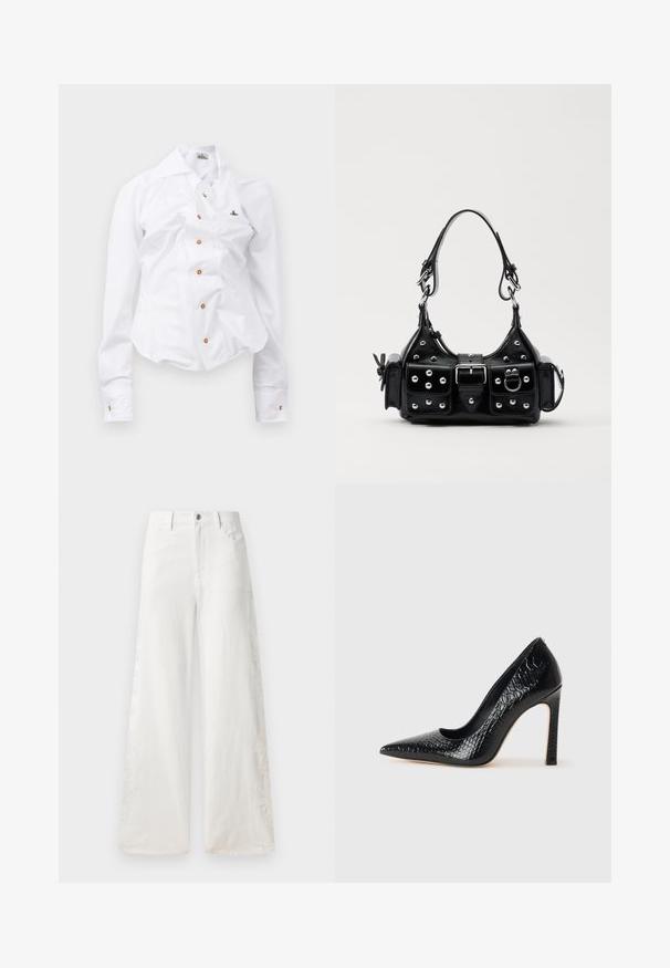 Balta ilgomis rankovėmis marškiniai su prigludusia išvaizda. Yra didelis apykaklė, priekinis užsegimas su rudais mygtukais ir mažas siuvinėtas logotipas.; Balti plačiaki džinsai pagaminti iš denimo, su šoninėmis siuvinėtomis dekoracijomis ir tradicija penkių kišenių dizainu. Su užtrauktuku ir mygtuku.; Juoda smailiakulnė aukšto kulno bateliai su krokodilo odos tekstūra, pasižymintys elegantišku dizainu, aukštu stiletu kulnu ir lygia juoda vidine dalimi.; Juodas odinis rankinukas su kreiviu dizainu, su sidabro spalvos knopkėmis, užsegimu ir dviem šoninėmis kišenėmis. Reguliuojama dirželis nešimui.