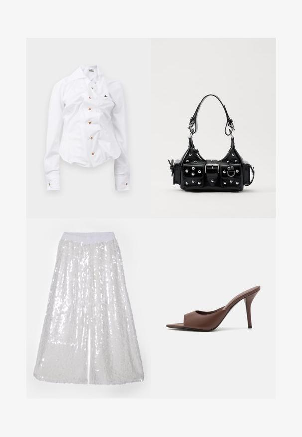 White long-sleeve shirt with a fitted design. Features a large collar, front button closure with brown buttons, and a small embroidered logo.; Norma Kamali BOYFRIEND ELEPHANT - Trousers - clear/white; Brown leather open-toe high-heeled mules with a sleek design, featuring a wide front strap and a slender stiletto heel.; Black leather handbag with a curved design, featuring silver studs, a buckle, and two side pockets. Adjustable strap for carrying options.