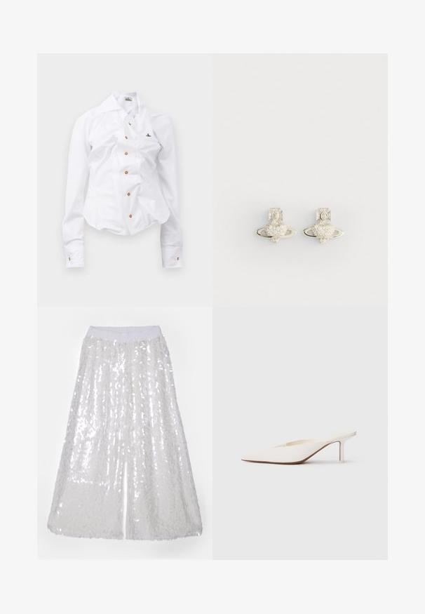 Cămașă albă cu mânecă lungă, cu un design ajustat. Are un guler mare, închidere frontală cu nasturi maro și un mic logo brodat.; Norma Kamali BOYFRIEND ELEPHANT - Pantaloni - clear/white; Mule alb cu vârf ascuțit și toc stiletto mic. Fabricat din material neted, cu un design minimalist și detalii subtile pe talpa bej.; Cercei din argint cu un design în formă de inimă, înconjurați de un inel, împodobiți cu mici pietricele clare și un accent detaliat în formă de cruce.
