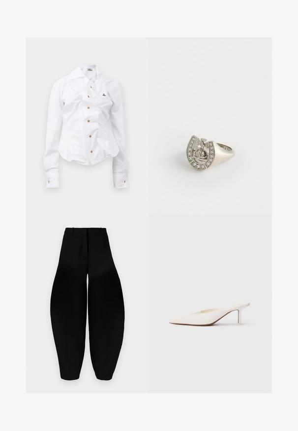 Camisa blanca de manga larga con un diseño ajustado. Presenta un gran cuello, cierre frontal con botones marrones y un pequeño logotipo bordado.; Pantalones negros de pierna ancha con cintura alta, frente plisado y tobillos estrechos. Fabricados en un tejido suave con acabado mate.; Mule blanco de punta afilada con un tacón bajo de stilettos. Hecho de material suave con un diseño minimalista y un sutil detalle en la suela color tostado.; Anillo de plata con forma de herradura, adornado con pequeñas gemas transparentes a lo largo del borde exterior y un diseño central que presenta una cruz.