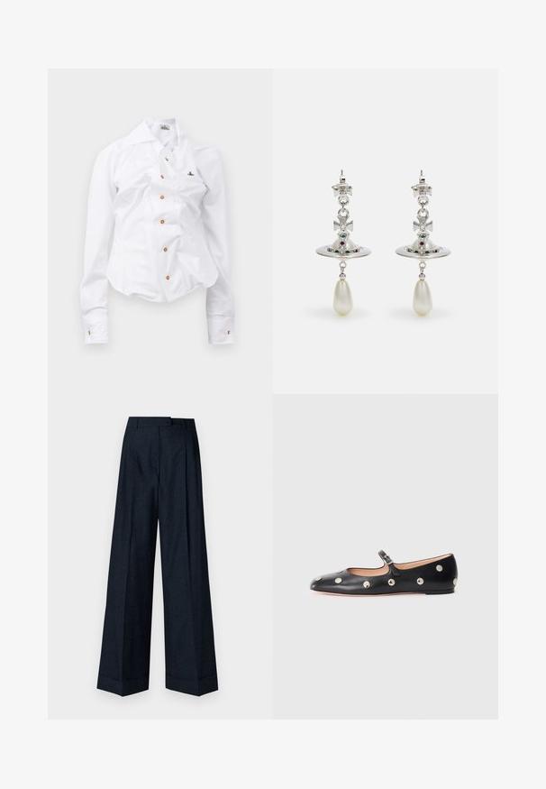Camicia bianca a maniche lunghe con un design aderente. Presenta un grande colletto, chiusura frontale con bottoni marroni e un piccolo logo ricamato.; Pantaloni larghi di colore blu navy scuro, con un delicato motivo floreale testurizzato, vita sartoriale e orli netti.; Scarpa flat nera in pelle tipo Mary Jane con punta arrotondata, caratterizzata da borchie circolari argentate e una fascia regolabile con fibbia.; Orecchini in argento con un cerchio circolare, adornati con pietre scintillanti e un pendente a goccia di perla. Design distintivo con accenti intricati.