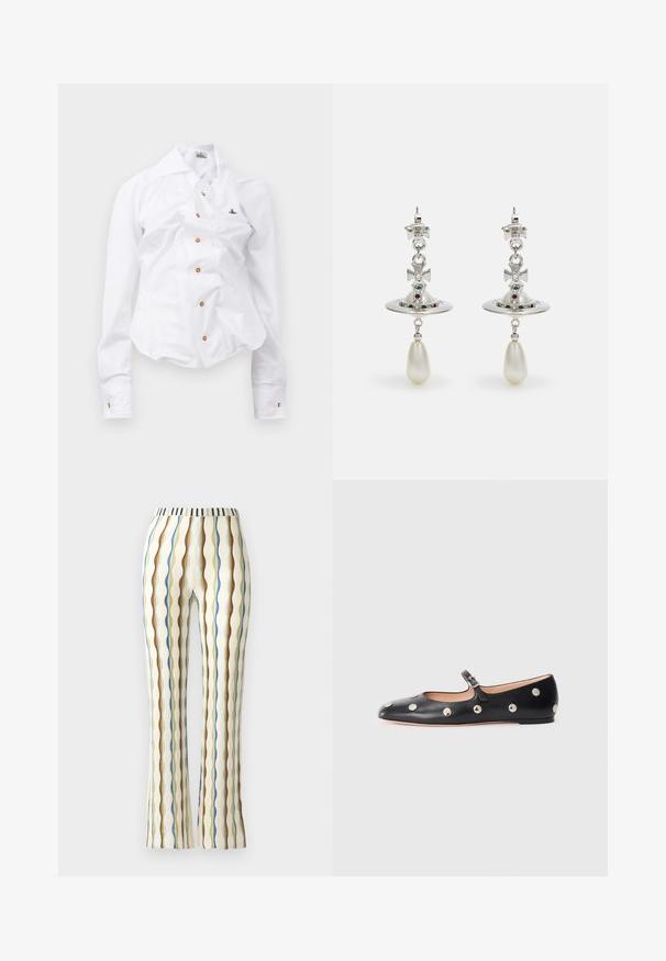 Chemise blanche à manches longues au design ajusté. Dispose d'un grand col, d'une fermeture à boutons sur le devant avec des boutons marron, et d'un petit logo brodé.; Pantalons évasés en tissu texturé avec des rayures verticales bleues, brunes, vertes et jaunes, dotés d'une ceinture rayée.; Chaussure plate en cuir noir type Mary Jane avec un bout arrondi, ornée de clous ronds en argent et dotée d'une sangle réglable avec une boucle.; Boucles d'oreilles en argent avec un anneau circulaire, ornées de pierres étincelantes et d'un pendentif en forme de goutte de perle. Design distinctif avec des accents complexes.
