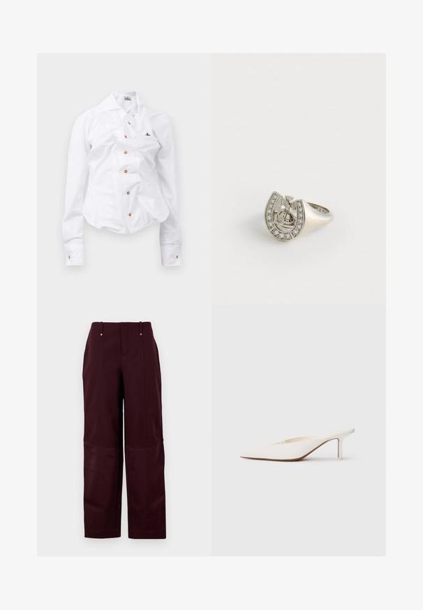Chemise blanche à manches longues au design ajusté. Dispose d'un grand col, d'une fermeture à boutons sur le devant avec des boutons marron, et d'un petit logo brodé.; Pantalons bourgogne à coupe décontractée, avec une texture douce, deux poches avant et deux boutons décoratifs à la taille.; Mule blanc à bout pointu avec un talon stiletto bas. Fabriqué en matériau lisse avec un design minimaliste et un subtil détail de semelle beige.; Bague en argent en forme de fer à cheval, ornée de petits gemmes clairs le long du bord extérieur et d'un motif central représentant une croix.