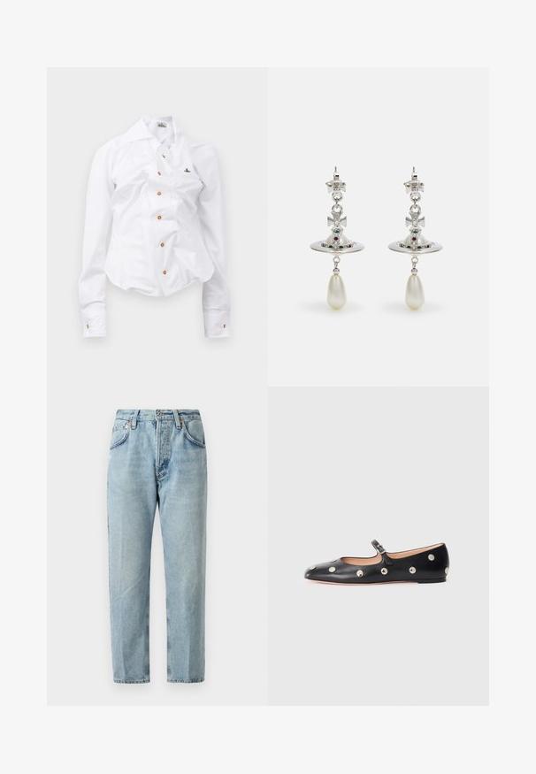 Valkoinen pitkähihaisen paita, jossa on slim fit -muotoilu. Sisältää suuren kauluksen, edessä nappisuljenta ruskeilla nappeilla sekä pienen brodeeratun logon.; Vaaleansiniset farkut suoralla lahkeella, joissa on viisi taskua ja hienovaraista kulumista. Varustettu napin sulkemisella ja vyölenkeillä.; Musta nahkainen Mary Jane -tyylinen tasapohjakenkä, jossa on pyöreä varvas. Kenkässä on hopeisia pyöreitä niittejä ja säätöremmi, jossa on solki.; Hope hopea, jossa on pyöreä muoto, koristeltu kimaltavilla kivillä ja tipan muotoisella helmipendaatilla. Erityinen muotoilu monimutkaisilla yksityiskohdilla.