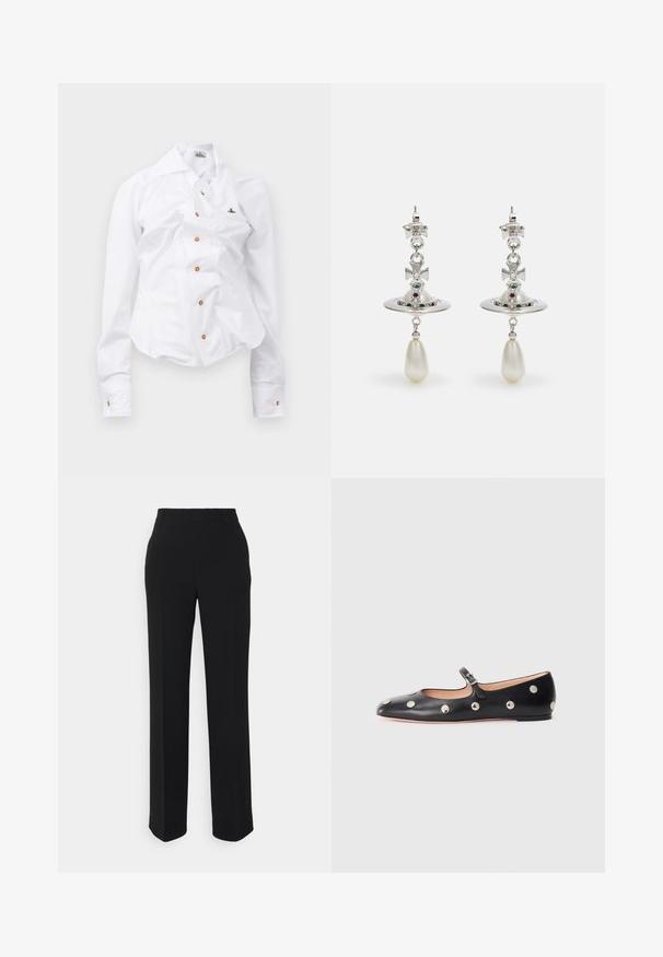 Cămașă albă cu mânecă lungă, cu un design ajustat. Are un guler mare, închidere frontală cu nasturi maro și un mic logo brodat.; Pantaloni negri, cu croială dreaptă și textură fină. Dispun de un brâu și nu au tipare sau accente vizibile. Design clasic și croit.; Pantofii Mary Jane din piele neagră, cu vârful rotund, decorati cu nasturi circulari argintii și o curea ajustabilă cu cataramă.; Cercei din argint cu un cerc circular, împodobiți cu pietre strălucitoare și un pandantiv din perlă în formă de lacrimă. Design distinctiv cu accente complicate.