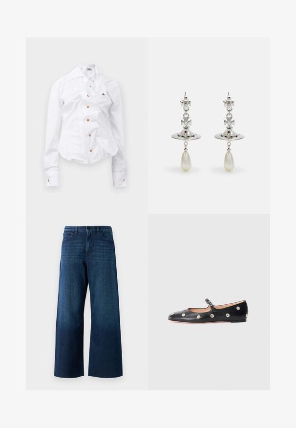 Cămașă albă cu mânecă lungă, cu un design ajustat. Are un guler mare, închidere frontală cu nasturi maro și un mic logo brodat.; Jeans negri din denim cu picioare largi, cu buton frontal, bucle pentru brâu și design clasic cu cinci buzunare, pe fundal simplu.; Pantofii Mary Jane din piele neagră, cu vârful rotund, decorati cu nasturi circulari argintii și o curea ajustabilă cu cataramă.; Cercei din argint cu un cerc circular, împodobiți cu pietre strălucitoare și un pandantiv din perlă în formă de lacrimă. Design distinctiv cu accente complicate.