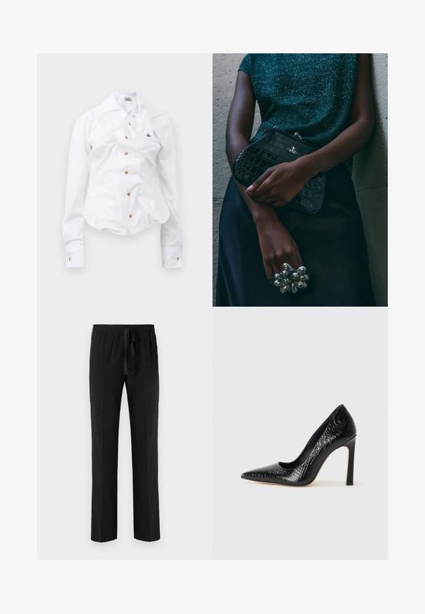 Hvid langærmet skjorte med en tætsiddende design. Har en stor krave, frontlukning med brune knapper og et lille broderet logo.; Sorte bukser med elastisk talje og justerbar snor, med et lige ben-design og glat tekstur. Ingen mønstre eller accenter.; Sorte spidse tå stiletto-sko i krokodilleskind med et strømlinet design, høj hæl og glat sort inderside.; Sorte clutchtaske med krokodillemønster og sølvhardware, holdt mod en tekstureret grå baggrund. Har en blank overflade.