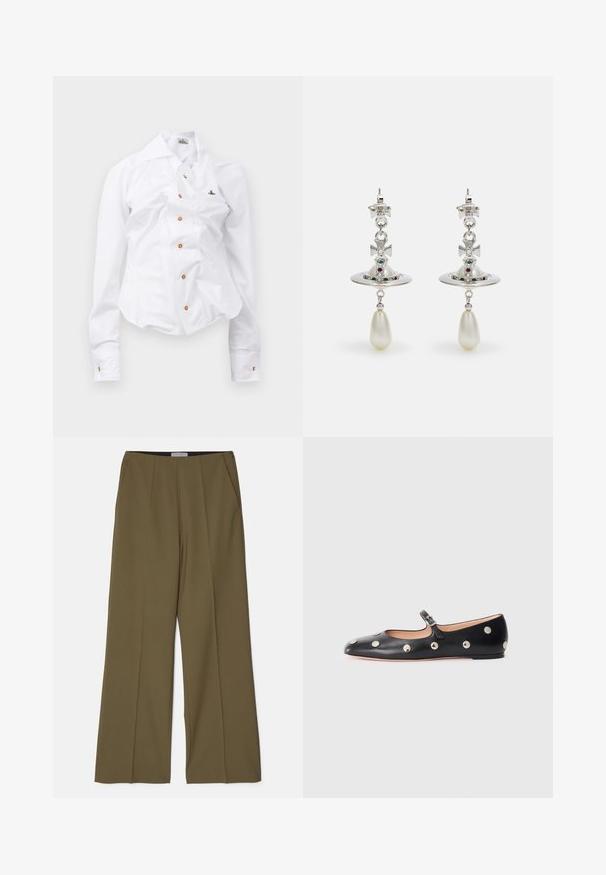Weißes Langarmhemd mit figurnahem Design. Verfügt über einen großen Kragen, eine Frontknopfleiste mit braunen Knöpfen und ein kleines, besticktes Logo.; Olivegrüne weite Hosen mit Seitentaschen und einer vorderen Bügelfalte, hergestellt aus glattem Stoff von Tiger of Sweden.; Schwarze Leder-Mary-Jane-Ballenflats mit runder Zehenform, ausgestattet mit silbernen runden Nieten und einem verstellbaren Riemen mit Schnalle.; Silberohrringe mit einem runden Ring, verziert mit glitzernden Steinen und einem tropfenförmigen Perlenanhänger. Auffälliges Design mit filigranen Akzenten.